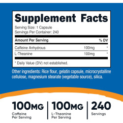 Cafeína con L-Teanina 100mg  X240 caps. Caffeine with L-Theanine